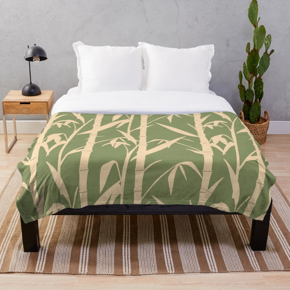 Hand-drawn Japanese bamboo leaves design on a plush, eco-friendly blanket