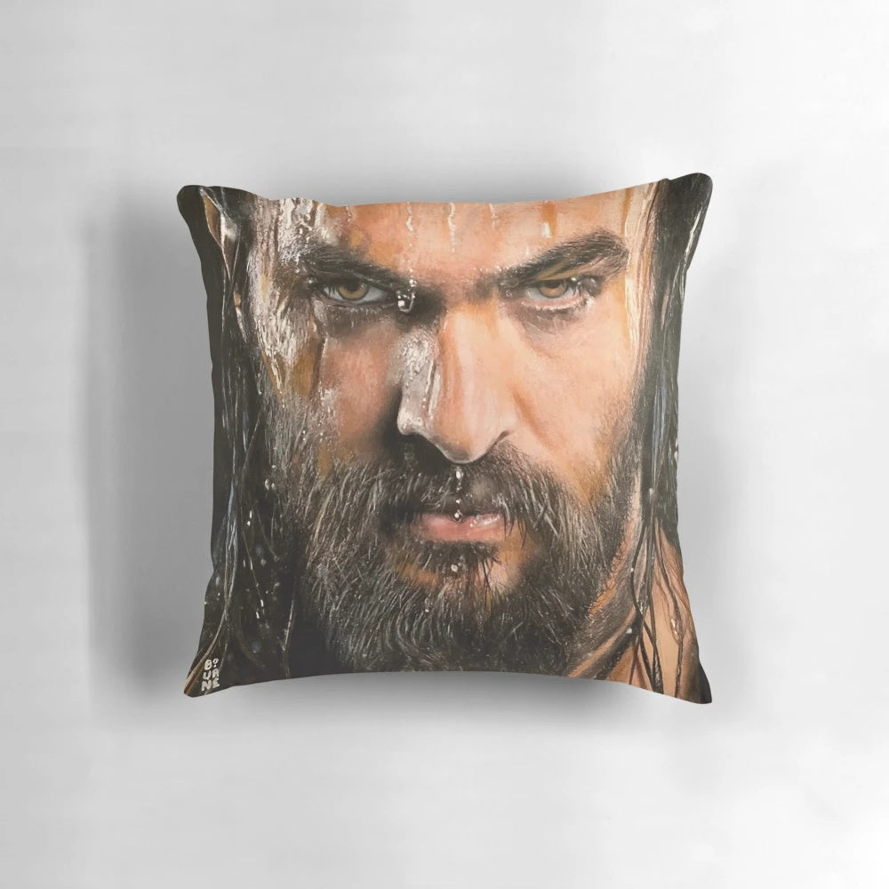 Beautifully crafted pillow featuring a portrait of actor Jason Mamoa