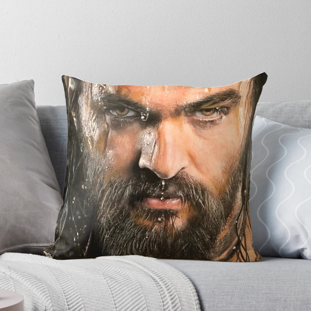 Beautifully crafted pillow featuring a portrait of actor Jason Mamoa