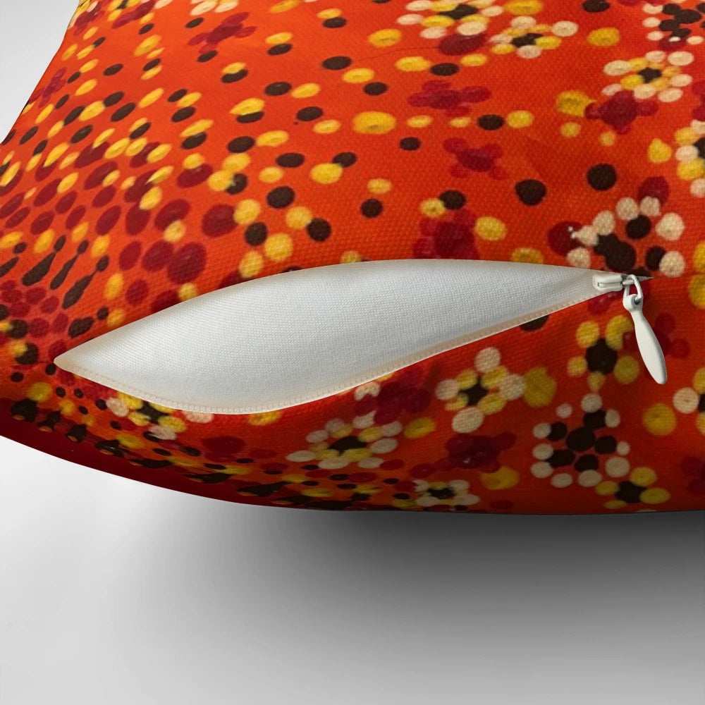 Vibrant orange and brown aboriginal inspired design pillow