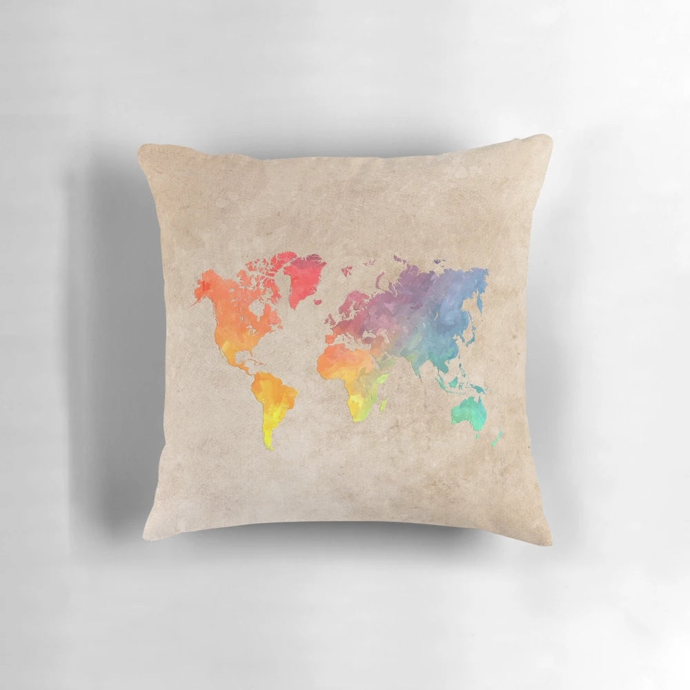 A beautifully crafted throw pillow featuring a hand-painted world map design in a unique typographic and watercolor style.