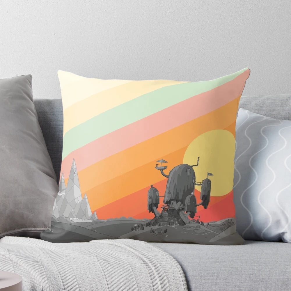 Vibrant artistic pillow featuring characters from the popular cartoon series Adventure Time