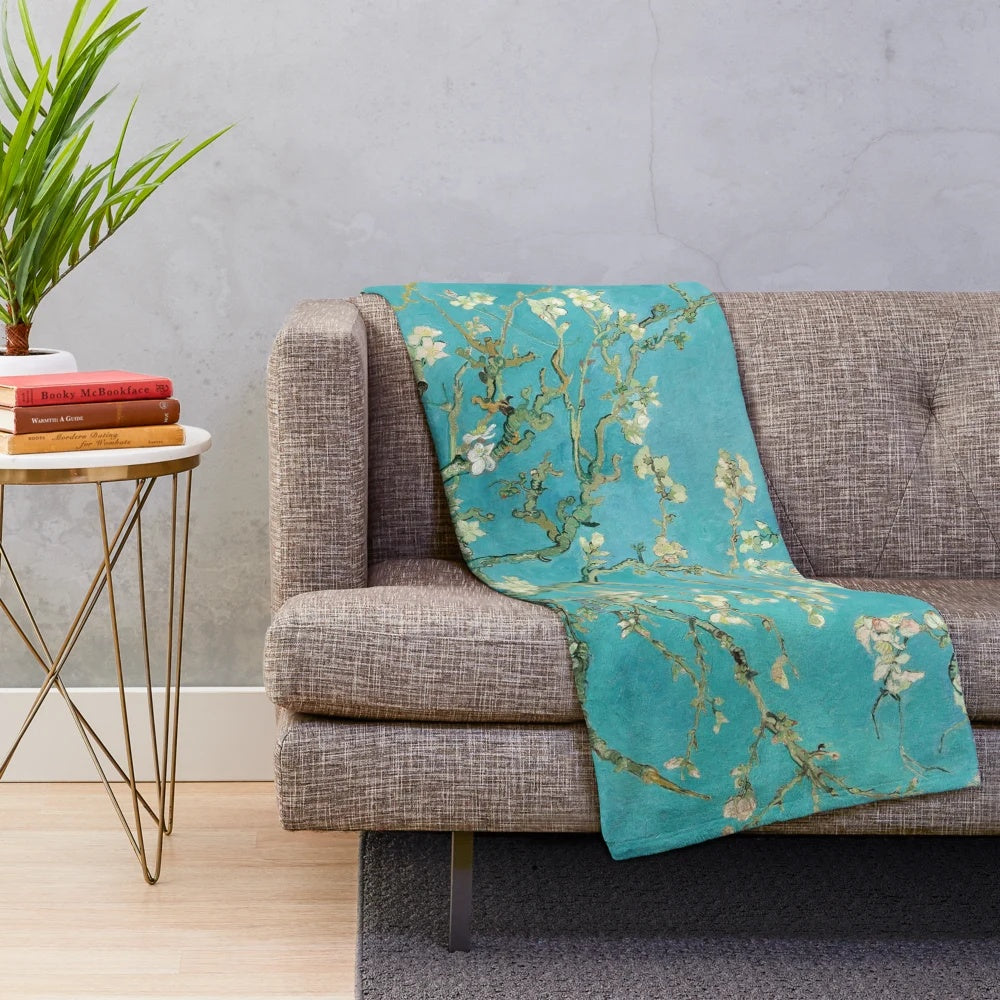 Plush blanket with a vintage van Gogh-inspired almond blossom artwork