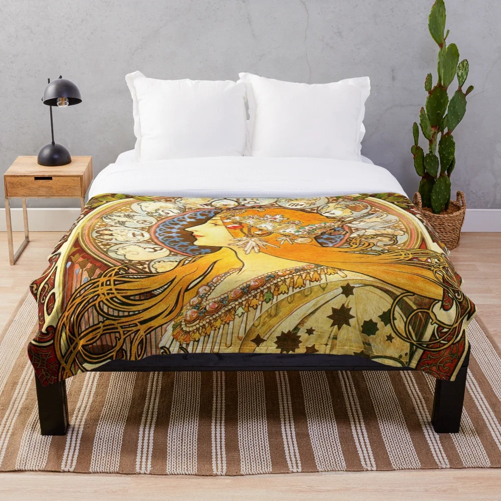 Decorative plush blanket featuring Alphonse Mucha's art nouveau-style zodiac design