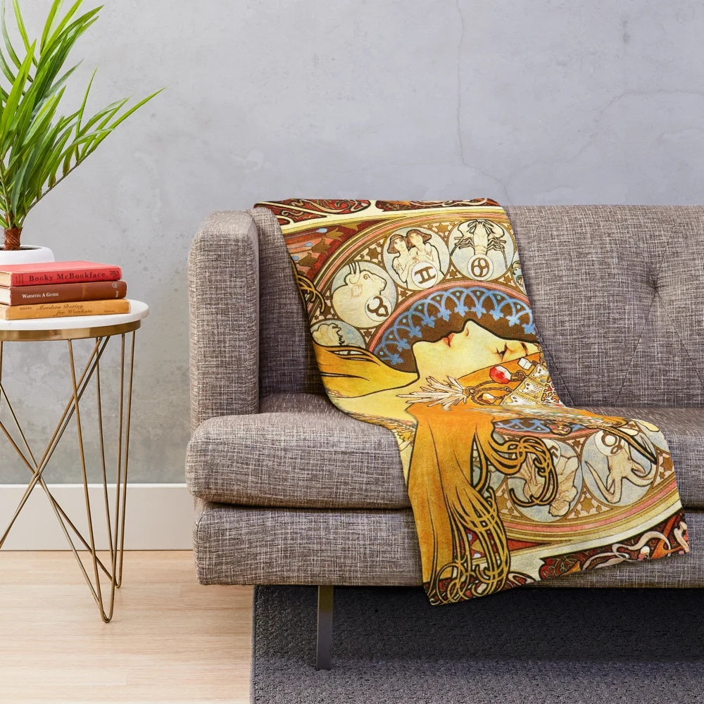 Decorative plush blanket featuring Alphonse Mucha's art nouveau-style zodiac design
