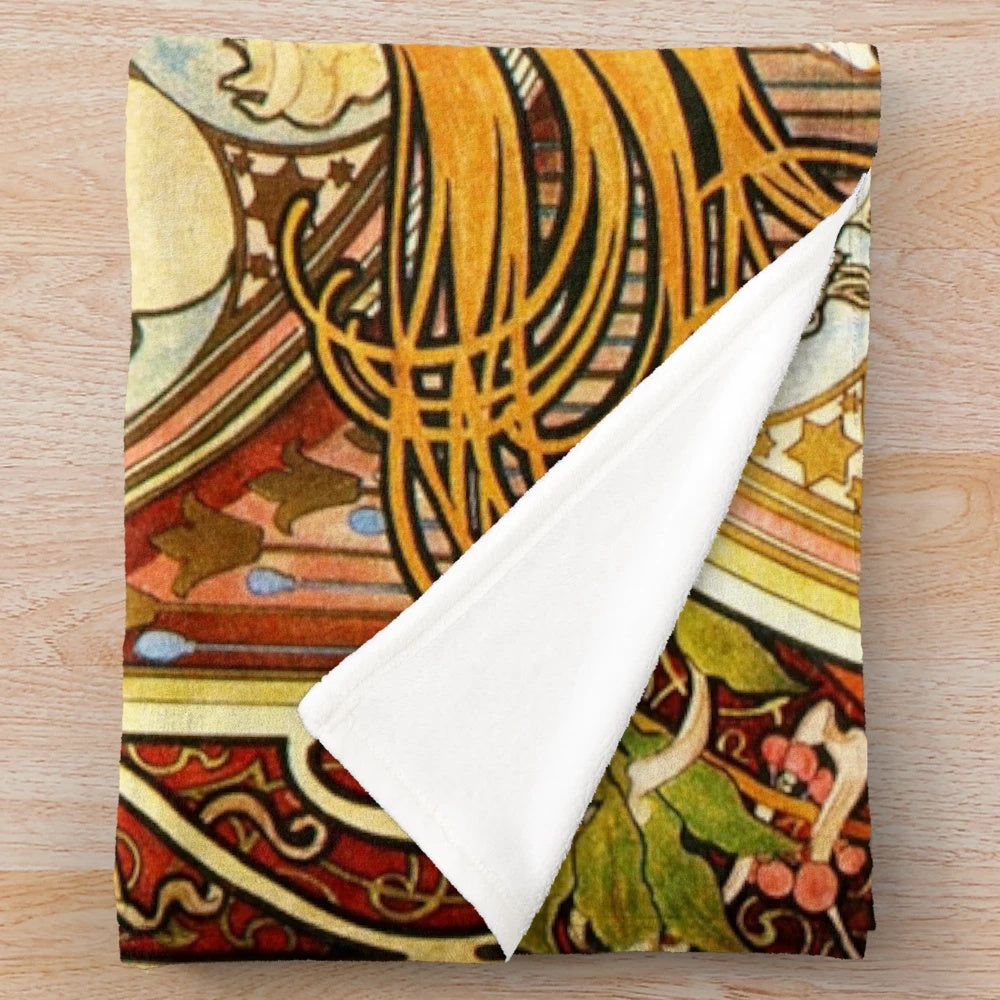 Decorative plush blanket featuring Alphonse Mucha's art nouveau-style zodiac design