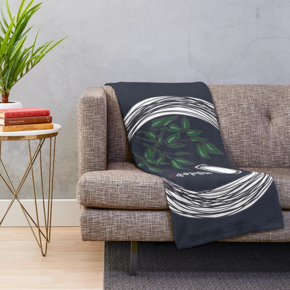 Plush blanket with hand-drawn bamboo and moon illustration