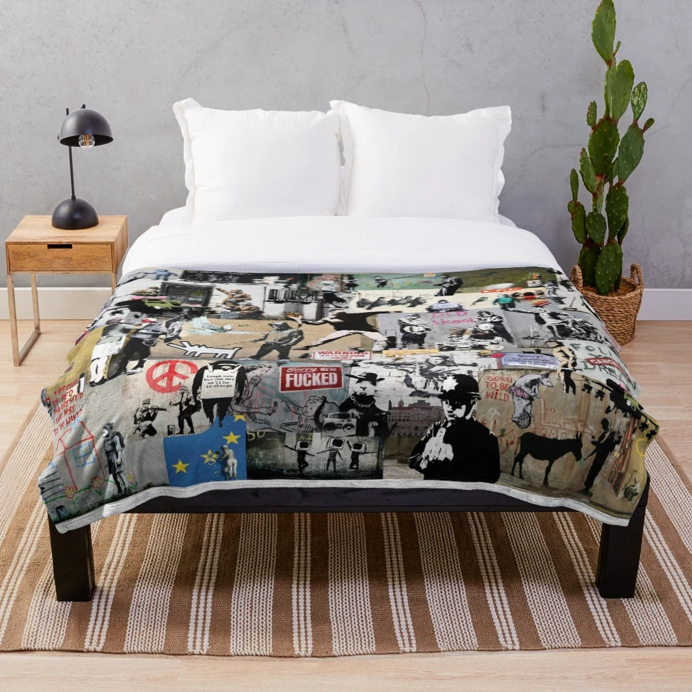Banksy-inspired plush blanket featuring a collage of graffiti art, political imagery, and animal designs