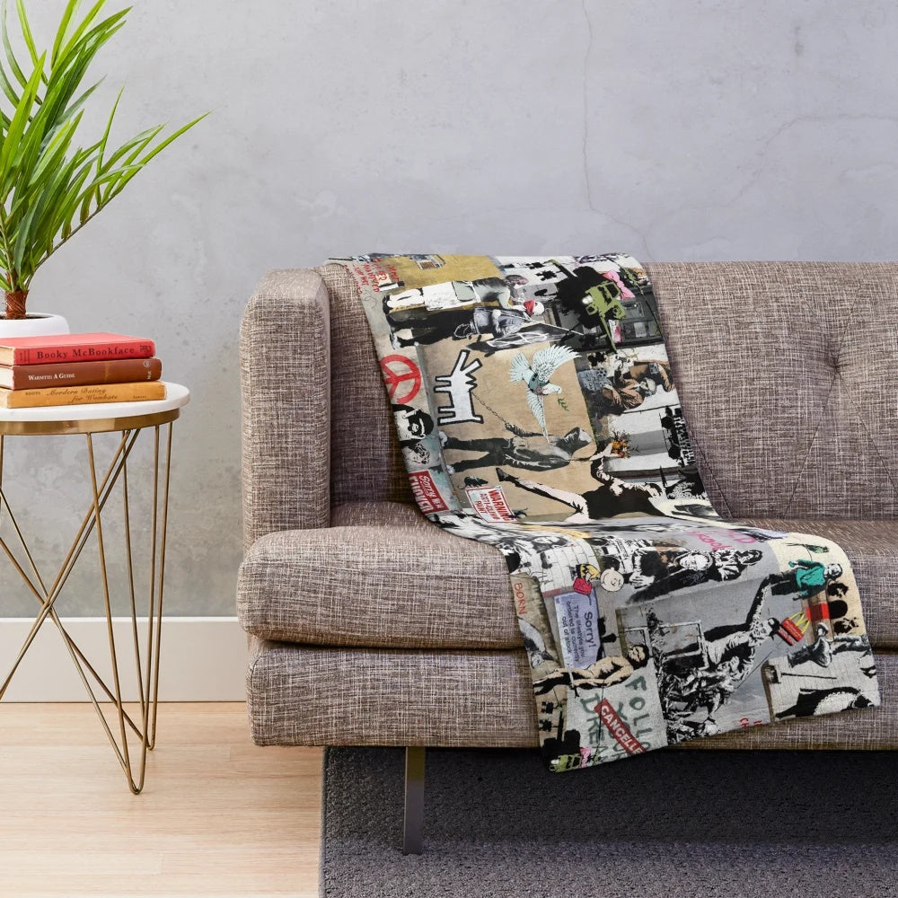 Banksy-inspired plush blanket featuring a collage of graffiti art, political imagery, and animal designs