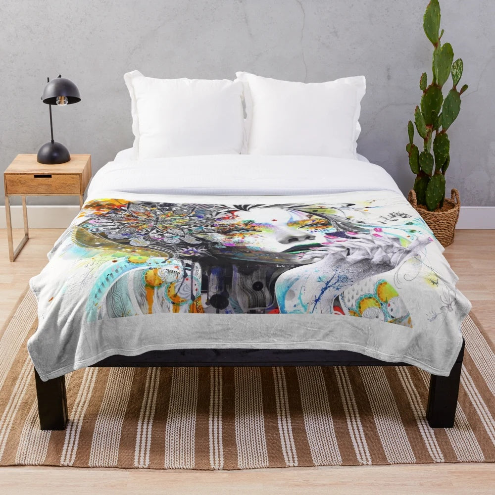 Banksy-inspired plush blanket featuring a graffiti-style oil painting of a monkey DJ with headphones
