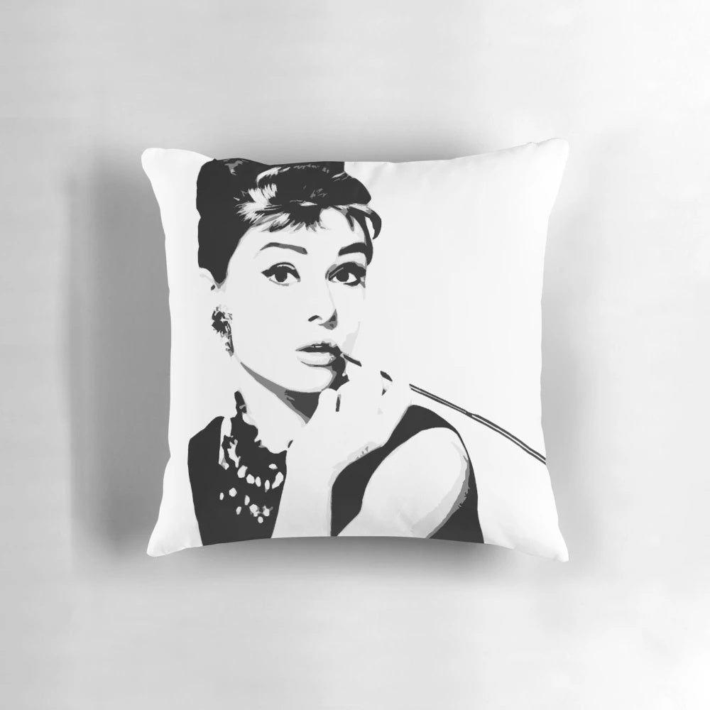 Audrey Hepburn black and white portrait art pillow