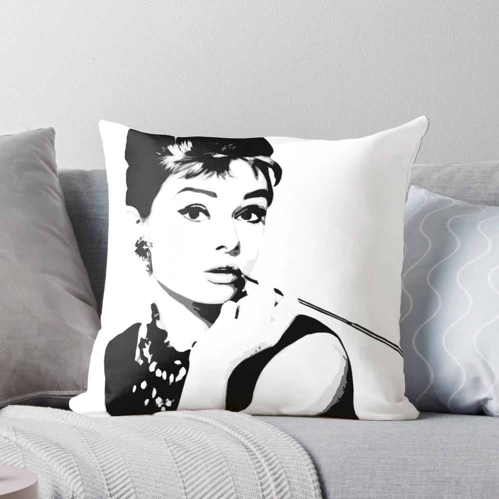 Audrey Hepburn black and white portrait art pillow