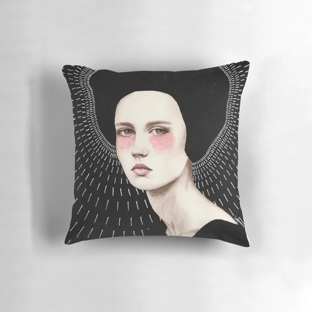 Freda Pillow featuring a high-contrast black and white portrait of a woman