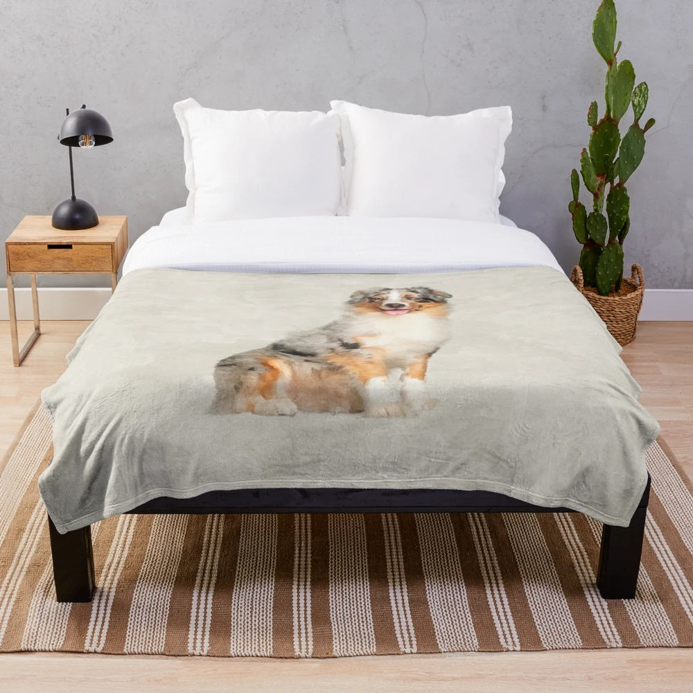 Blue Merle Australian Shepherd dog in watercolor digital art on plush blanket