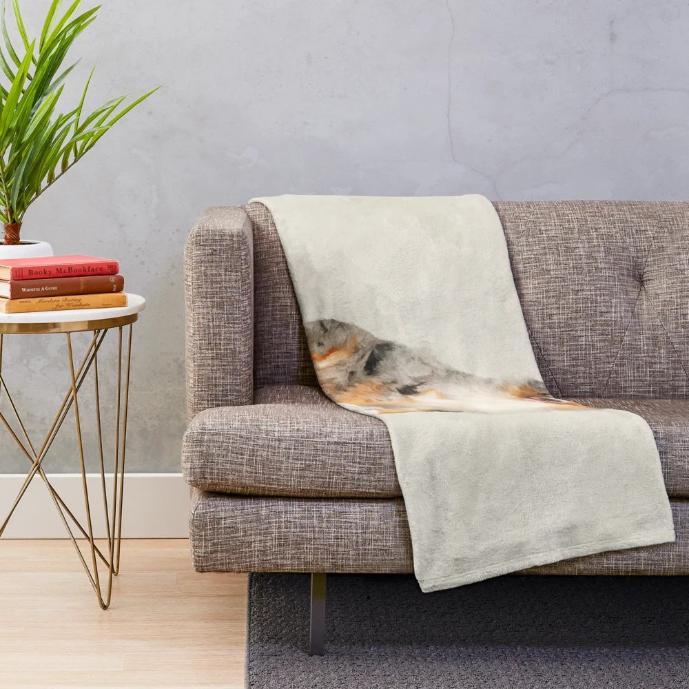 Blue Merle Australian Shepherd dog in watercolor digital art on plush blanket