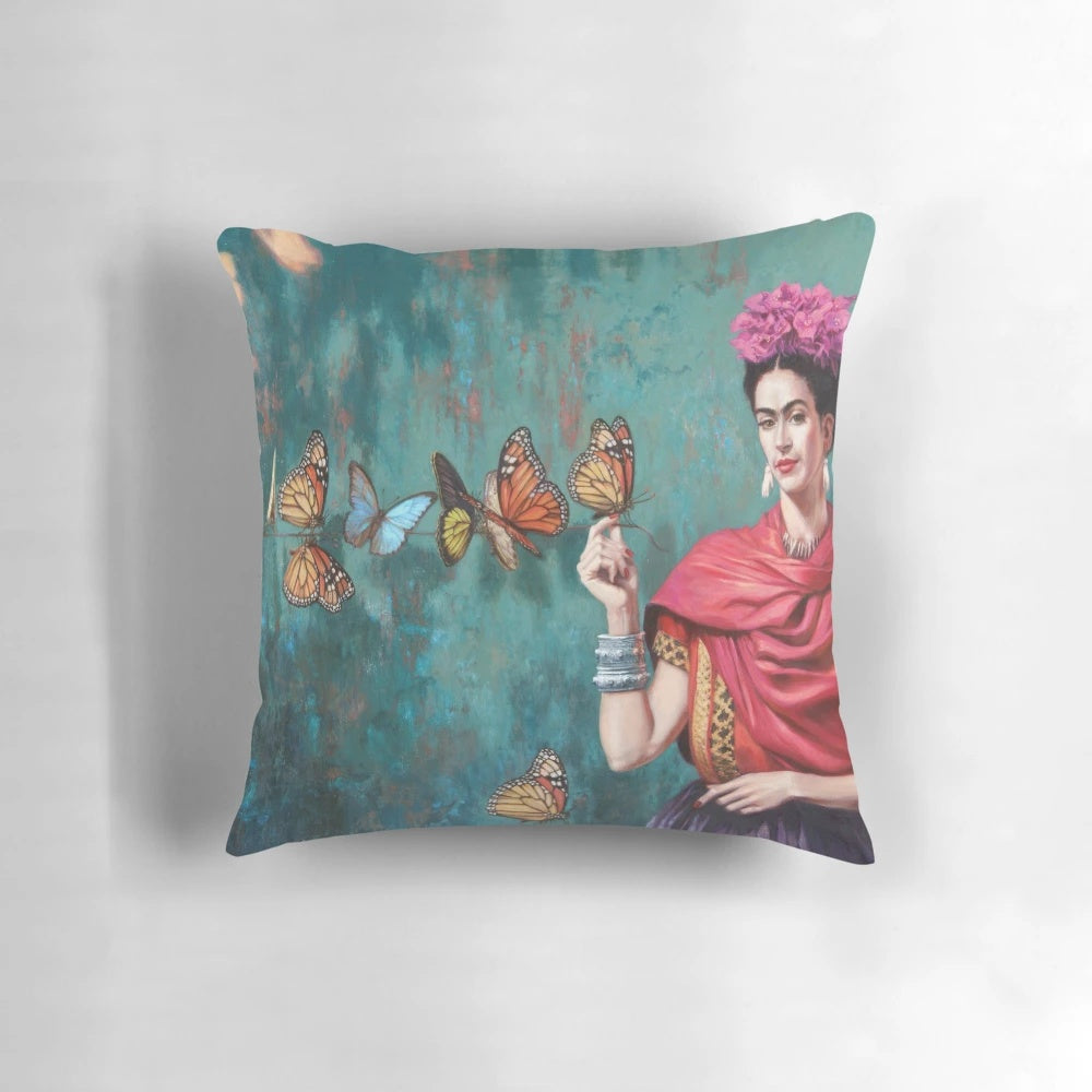 Colorful butterfly-themed pillow with abstract Frida Kahlo-style portrait design