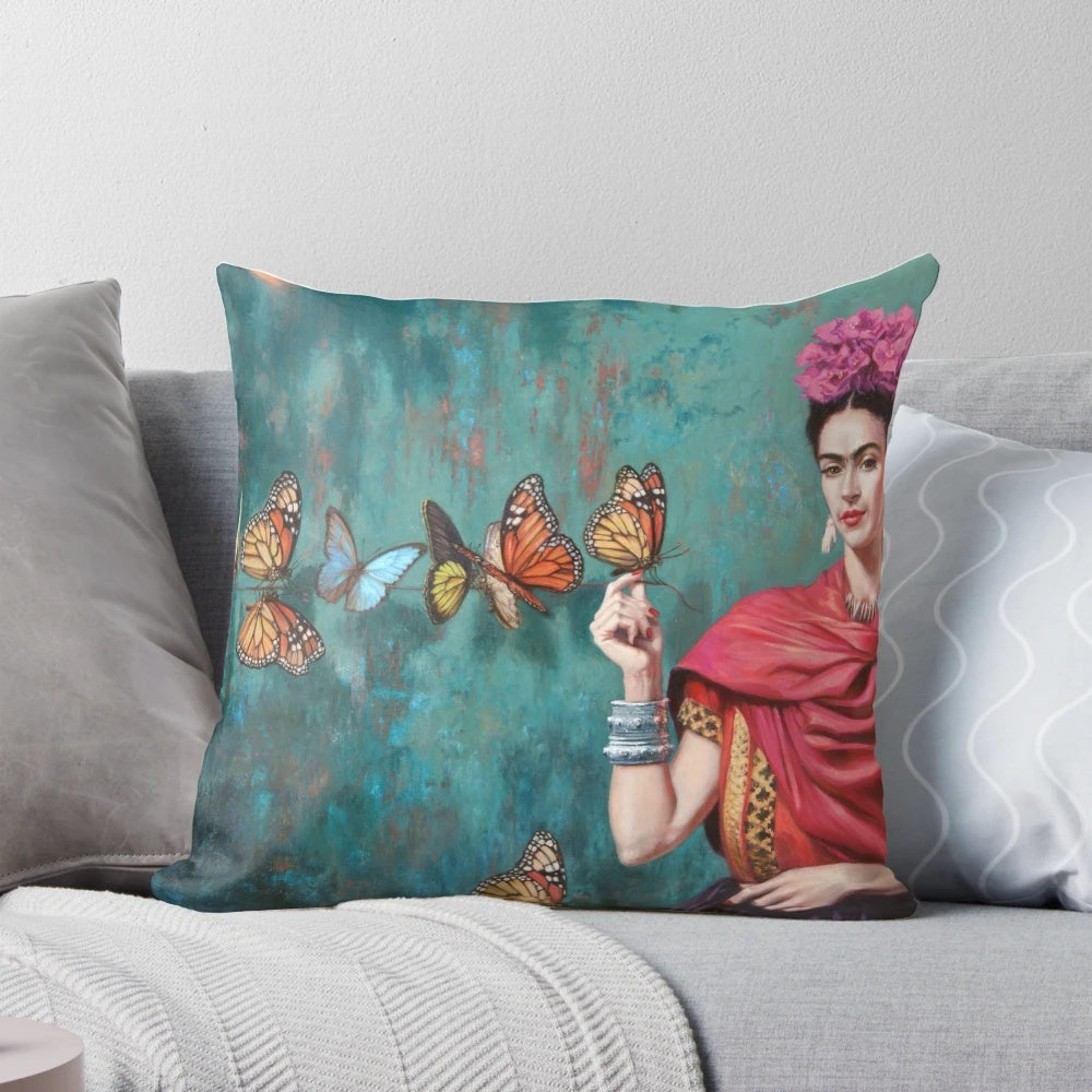 Colorful butterfly-themed pillow with abstract Frida Kahlo-style portrait design