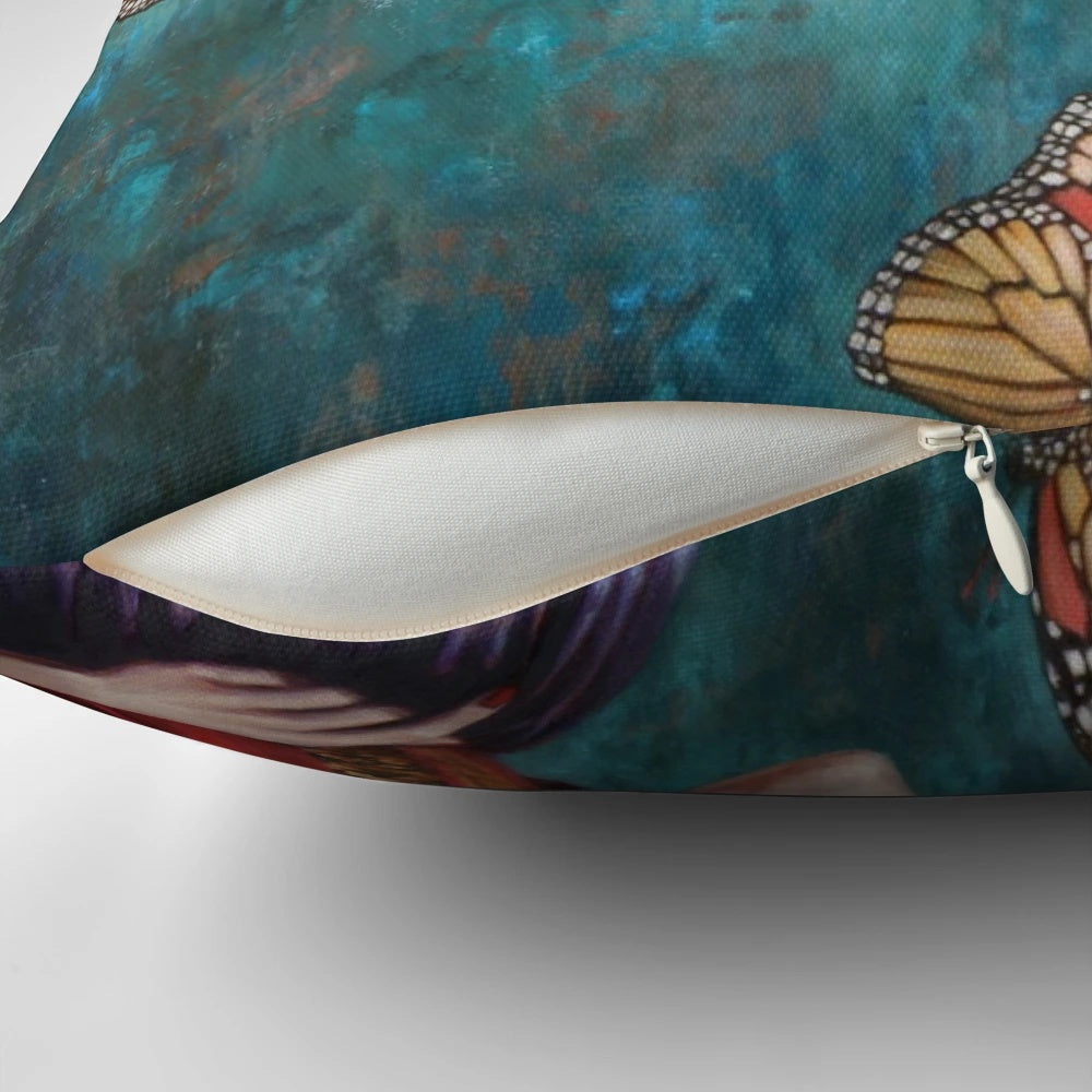 Colorful butterfly-themed pillow with abstract Frida Kahlo-style portrait design