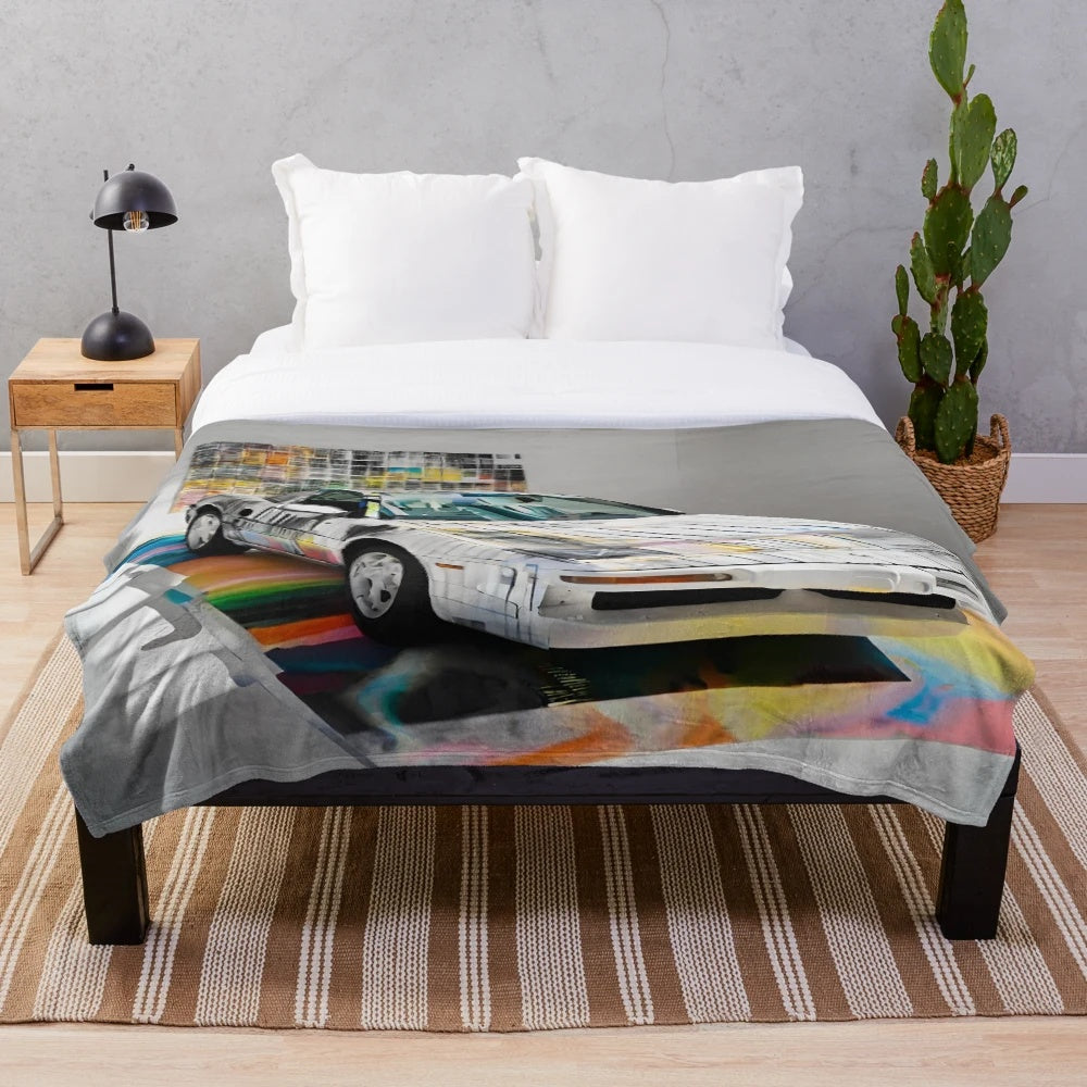 Plush blanket featuring an abstract minimalist painting of a car in a vibrant color palette