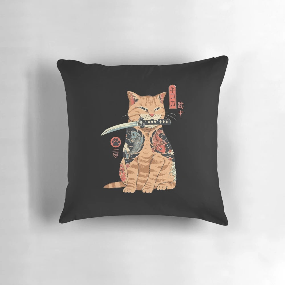 Decorative cat-themed pillow with Japanese-inspired Catana design