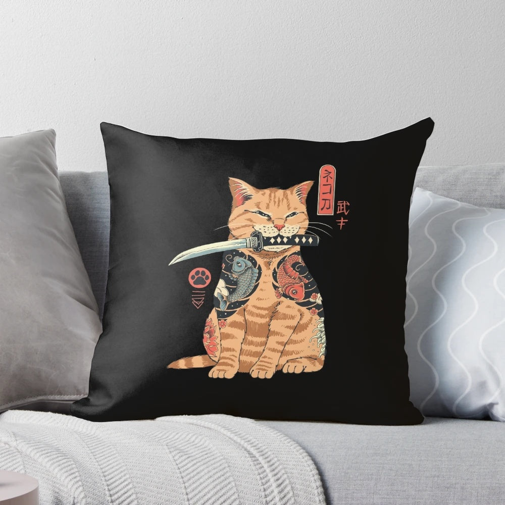 Decorative cat-themed pillow with Japanese-inspired Catana design
