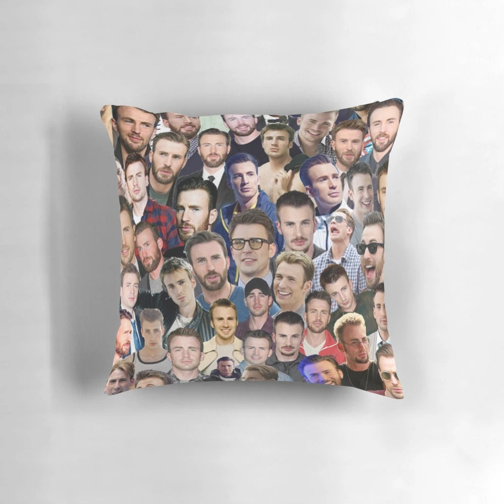Artistic collage pillow design featuring actor Chris Evans as the Marvel superhero Captain America