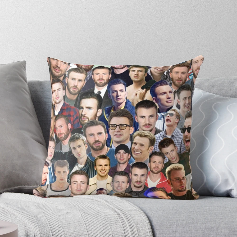 Artistic collage pillow design featuring actor Chris Evans as the Marvel superhero Captain America