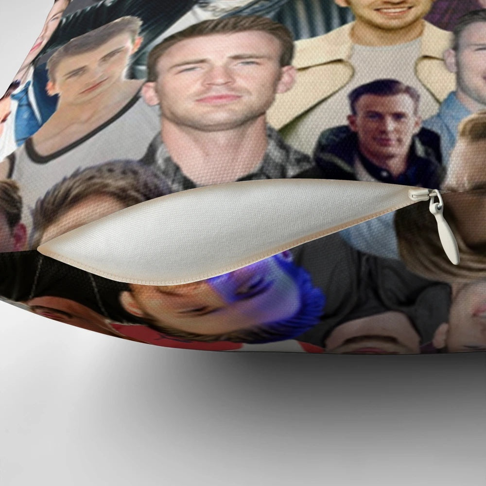 Artistic collage pillow design featuring actor Chris Evans as the Marvel superhero Captain America