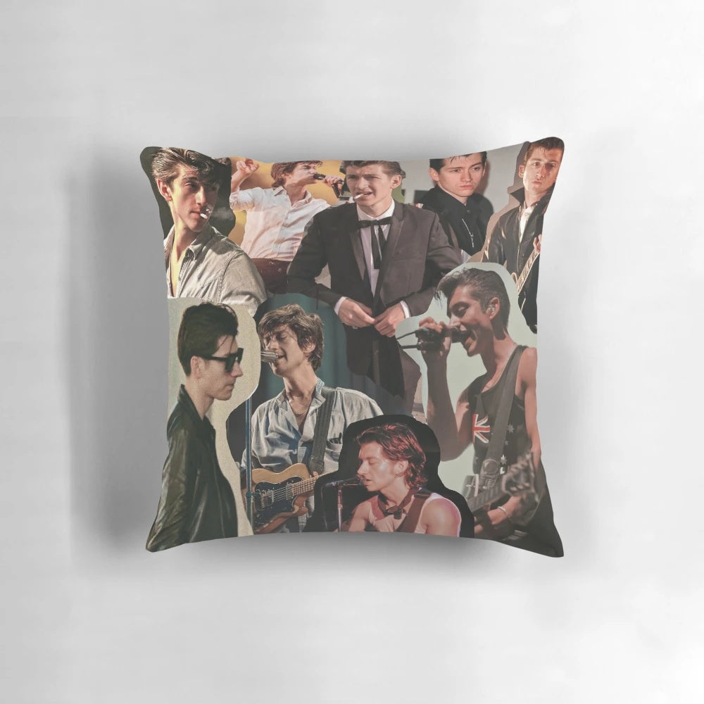 Colorful collage-style pillow featuring images and artwork of Arctic Monkeys singer Alex Turner