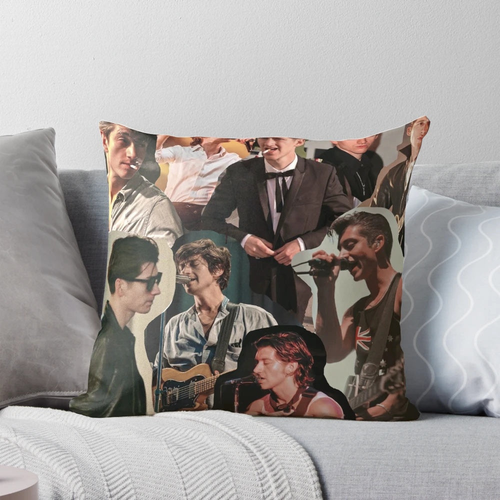 Colorful collage-style pillow featuring images and artwork of Arctic Monkeys singer Alex Turner