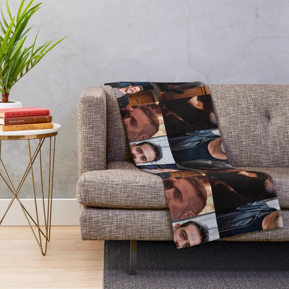 Collage artwork of actor Jeffrey Dean Morgan on a plush blanket