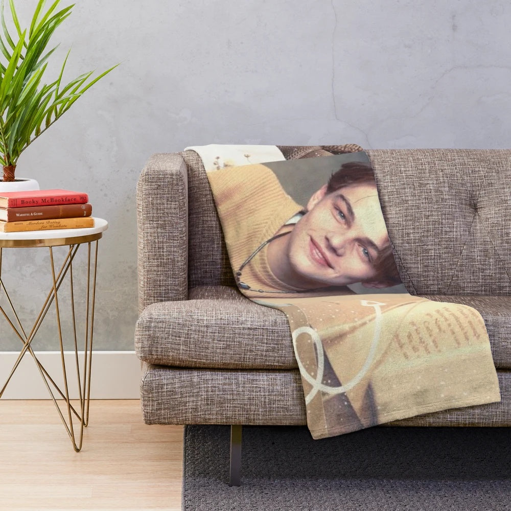 Plush blanket with a collage design featuring Leonardo DiCaprio in a yellow aesthetic