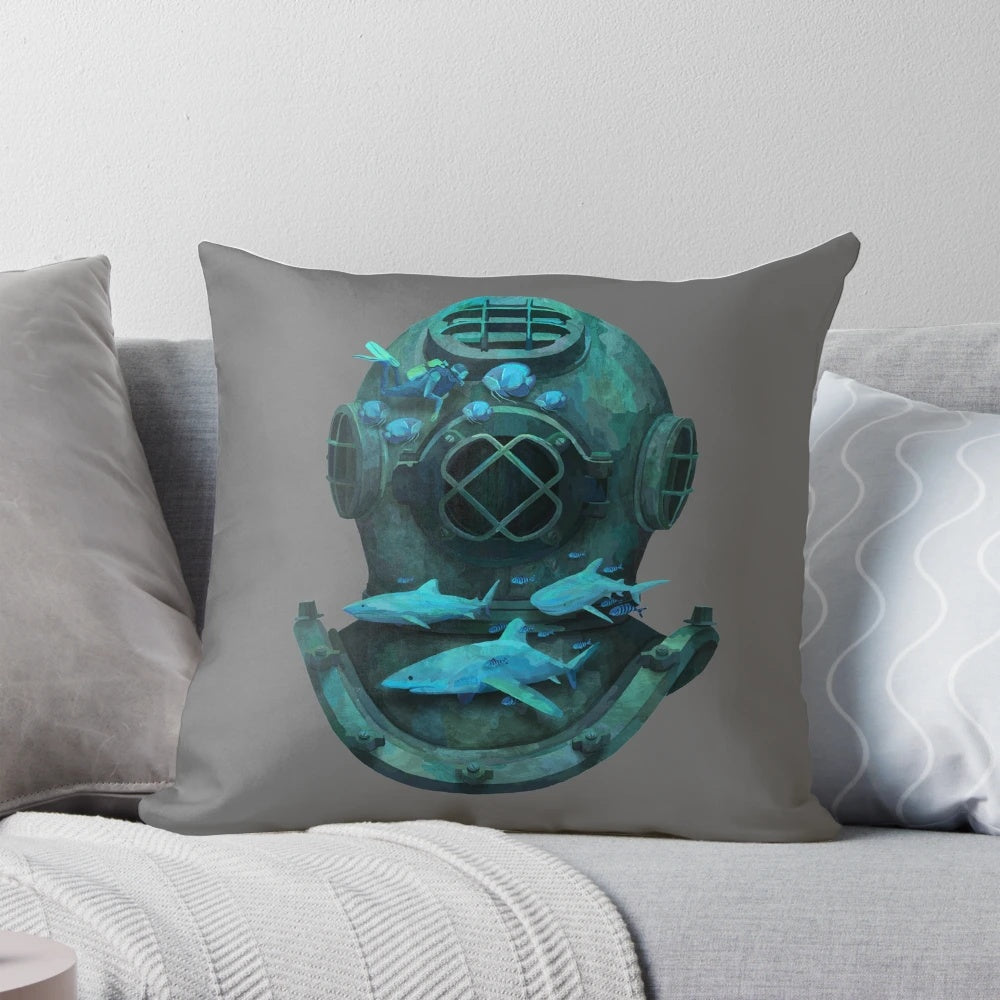 Artistic pillow with a deep diving, underwater marine life design
