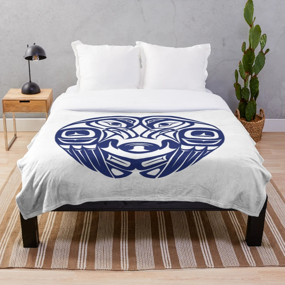 Artistic double raven circle plush blanket with Pacific Northwest cultural design