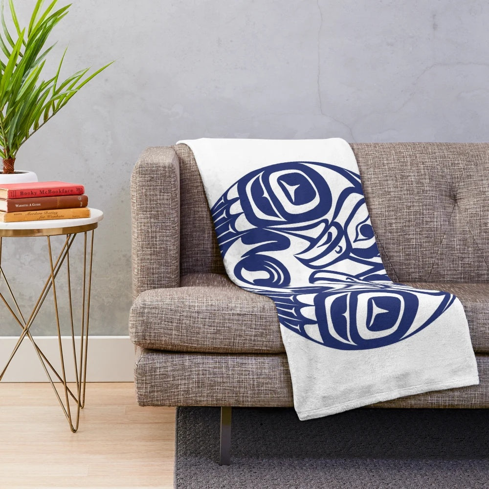 Artistic double raven circle plush blanket with Pacific Northwest cultural design