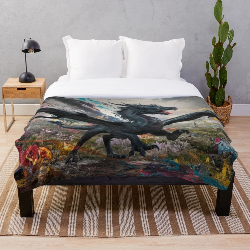 Artistic dragon plush blanket with mythical graffiti design