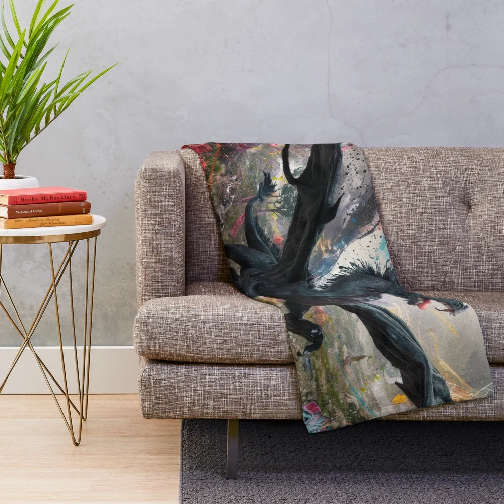 Artistic dragon plush blanket with mythical graffiti design