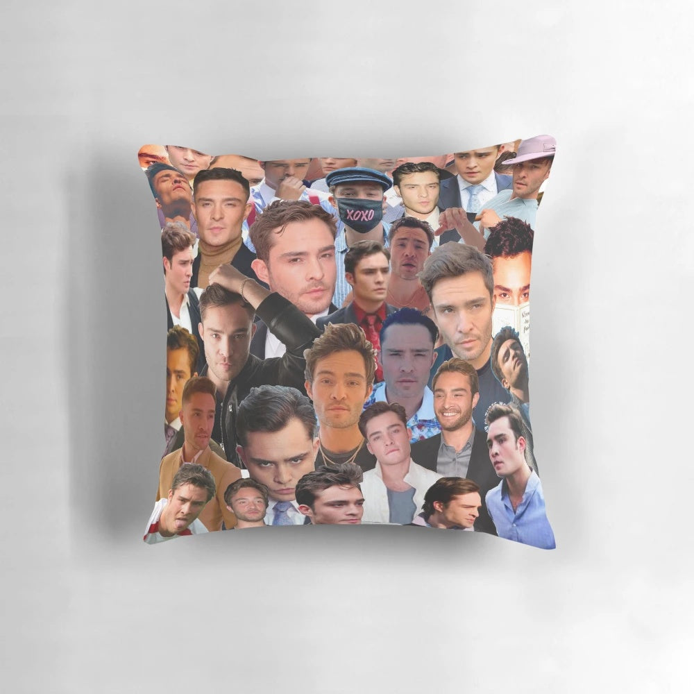 A collage of photographs showcasing actor Ed Westwick, featuring his iconic role as Chuck Bass, printed on a soft, high-quality pillow.