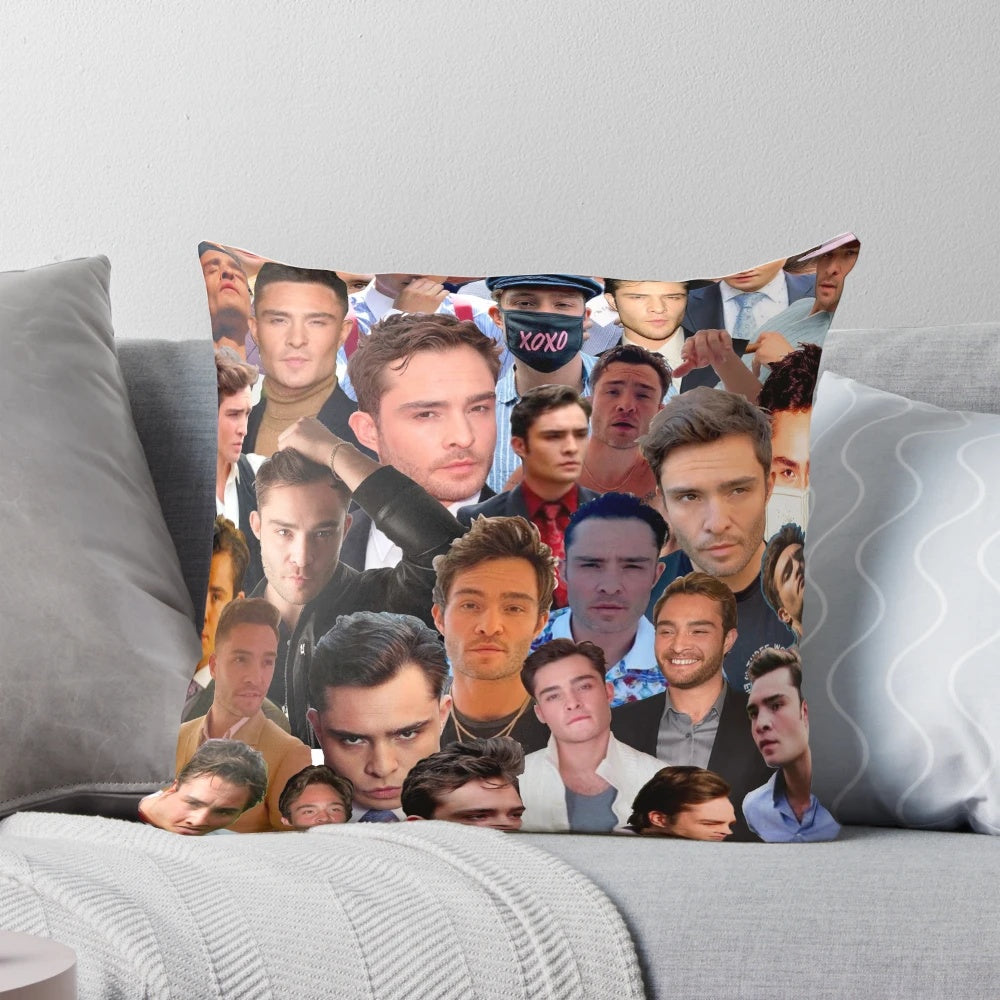 A collage of photographs showcasing actor Ed Westwick, featuring his iconic role as Chuck Bass, printed on a soft, high-quality pillow.