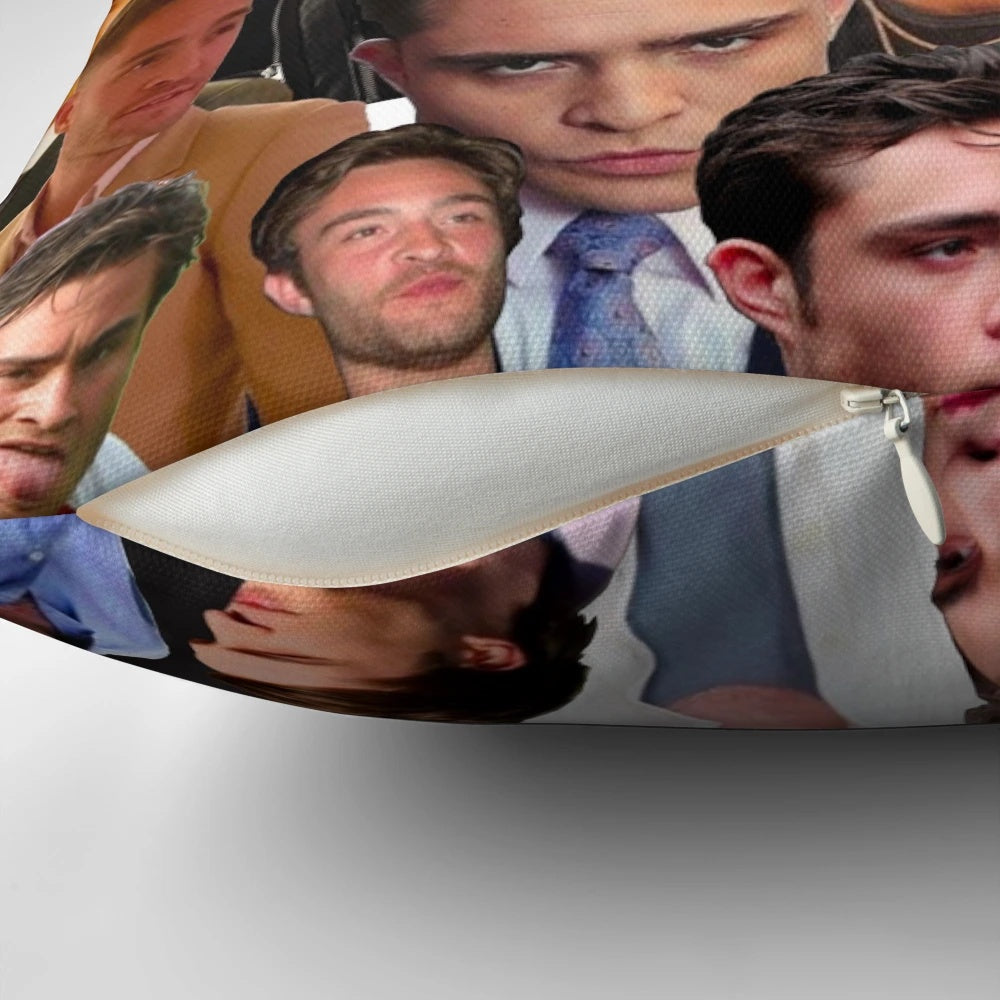 A collage of photographs showcasing actor Ed Westwick, featuring his iconic role as Chuck Bass, printed on a soft, high-quality pillow.