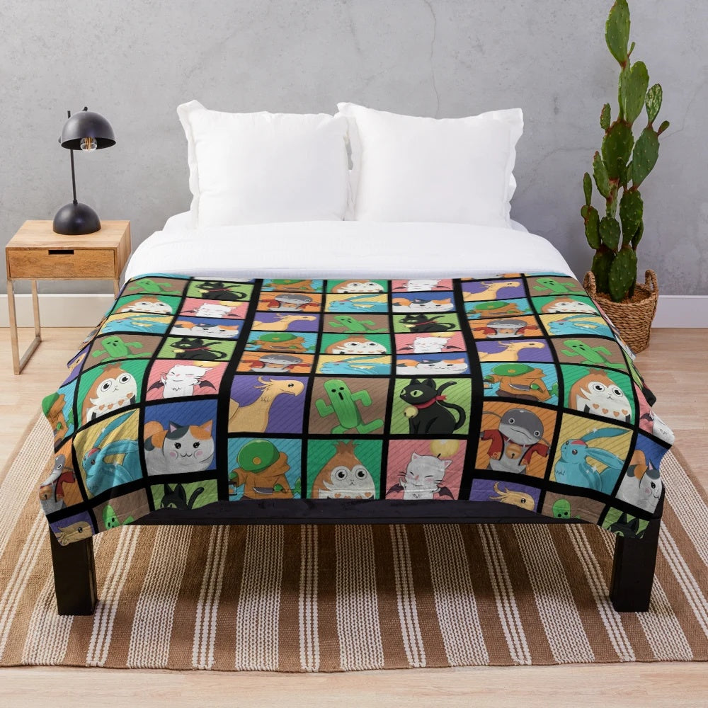 FFXIV-inspired plush blanket with paidom and phooka designs