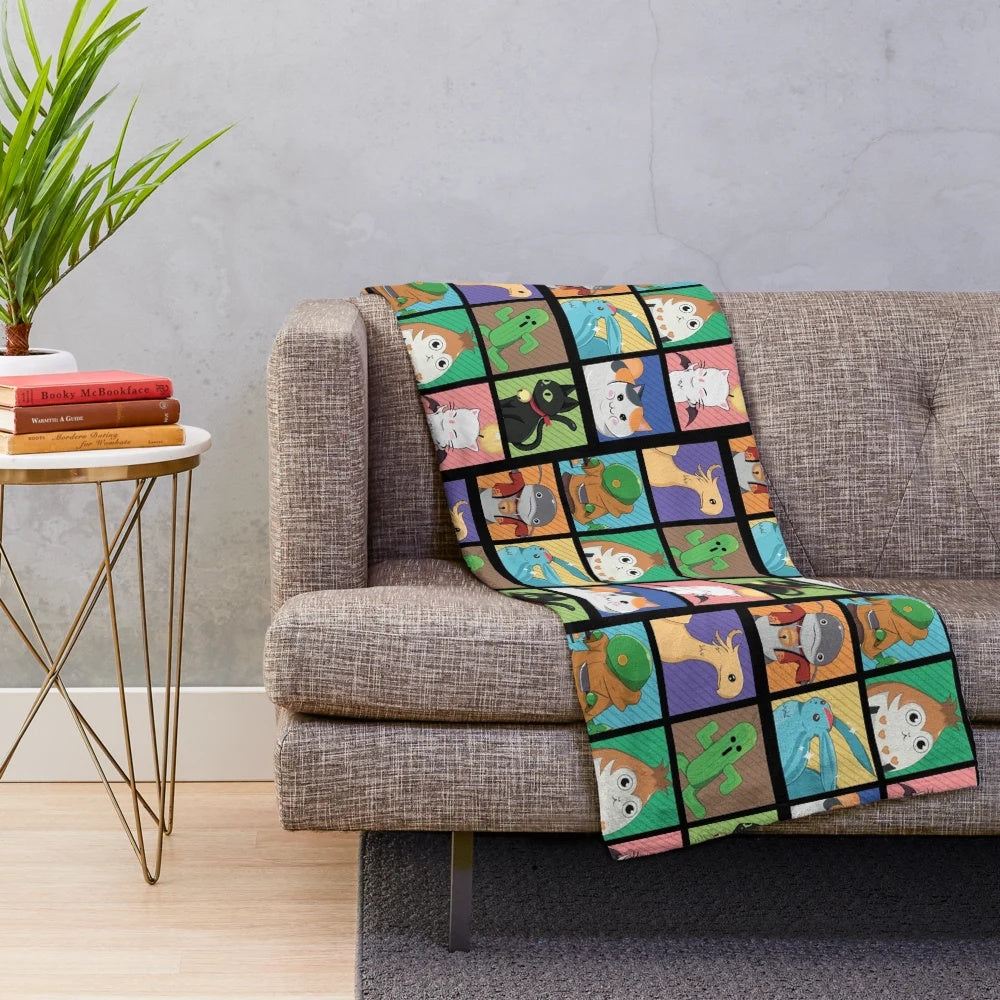 FFXIV-inspired plush blanket with paidom and phooka designs