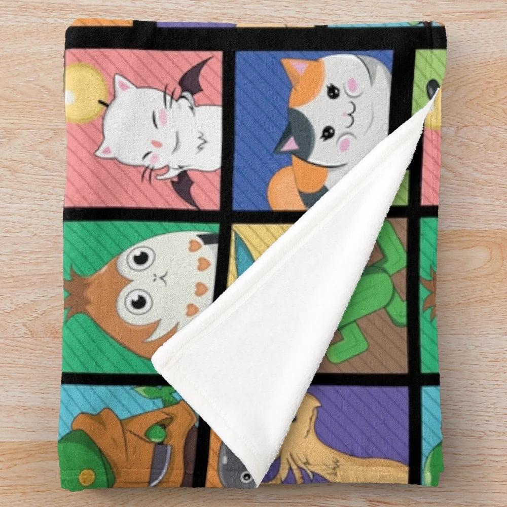 FFXIV-inspired plush blanket with paidom and phooka designs