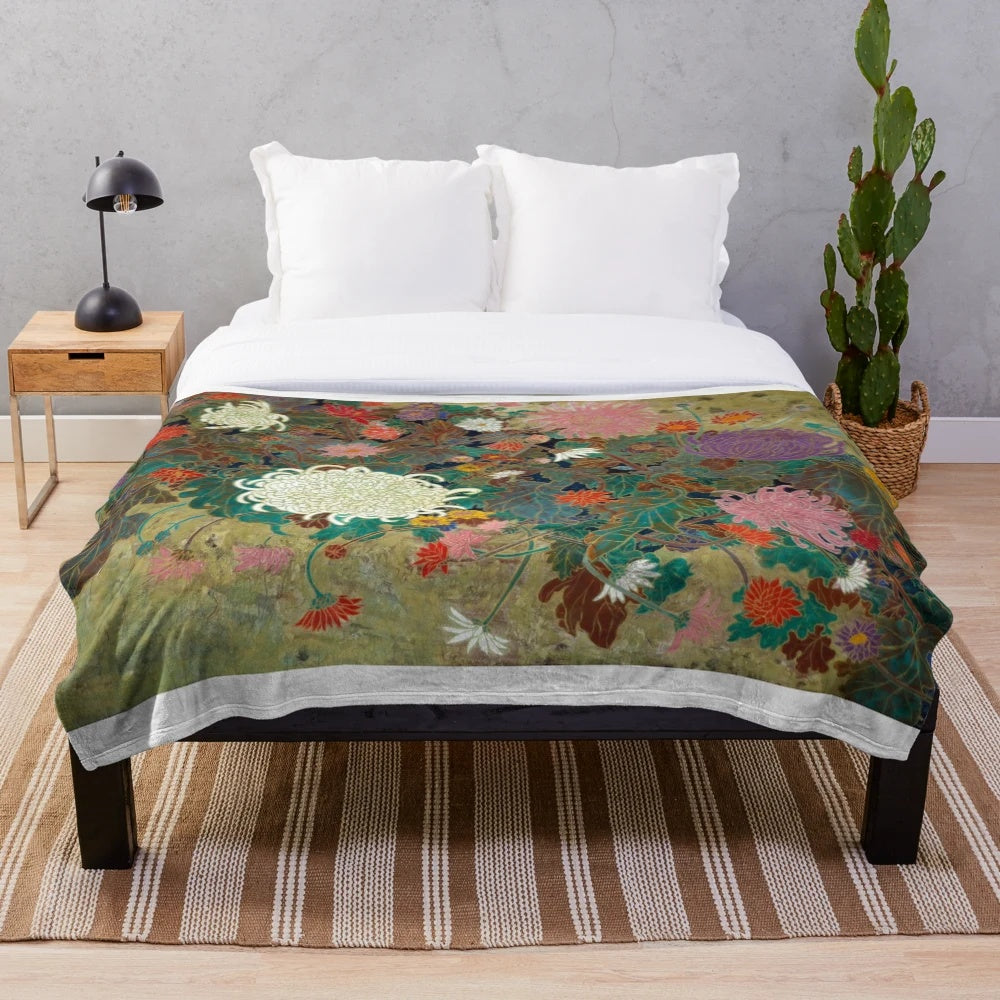 Flower plush blanket featuring Japanese-style painting