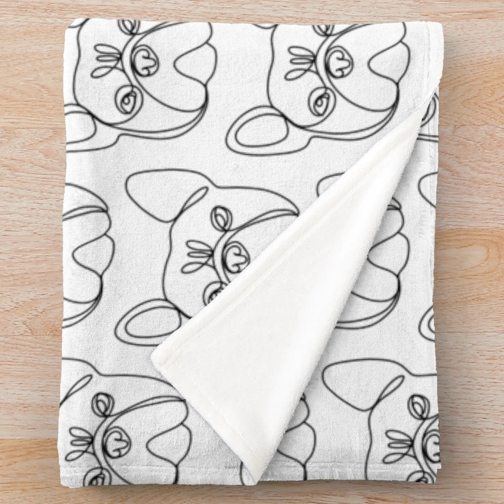 Plush blanket featuring a continuous line drawing of a French bulldog