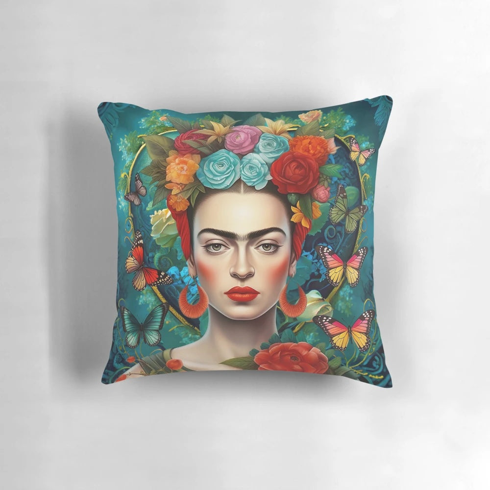 Decorative pillow featuring the iconic portrait of Mexican artist Frida Kahlo