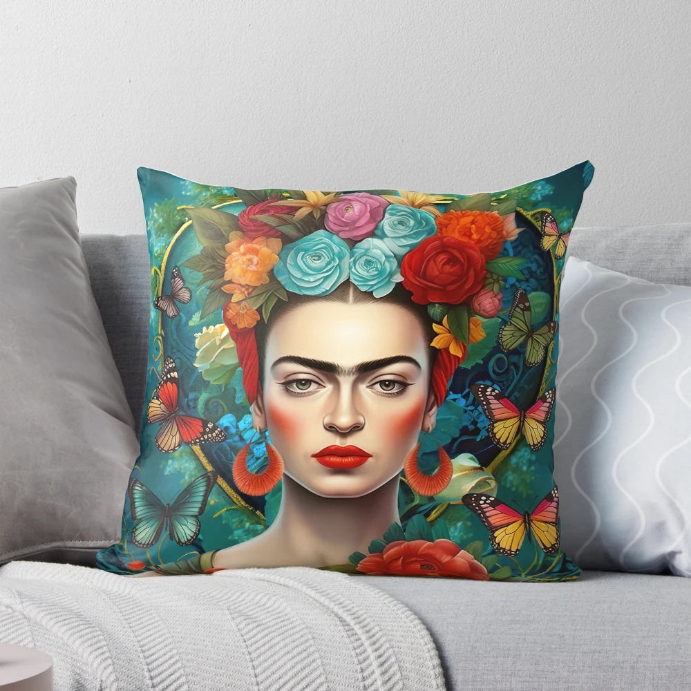 Decorative pillow featuring the iconic portrait of Mexican artist Frida Kahlo