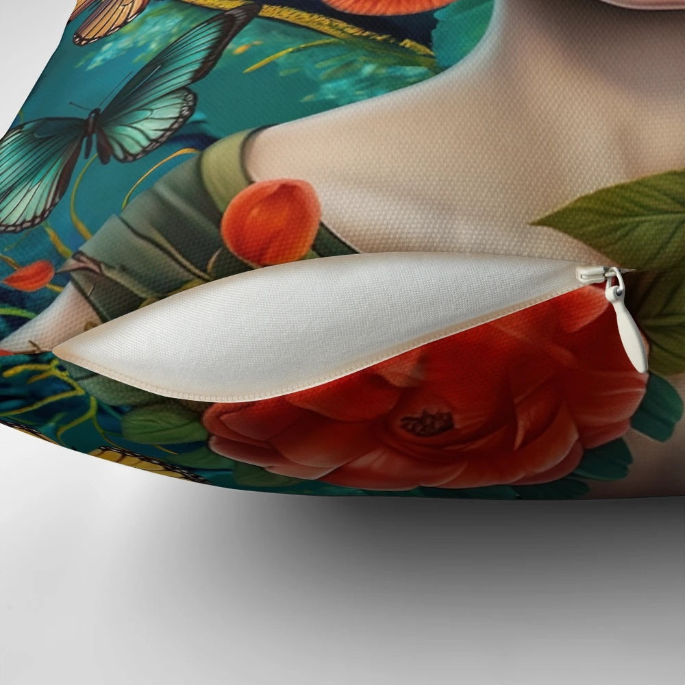 Decorative pillow featuring the iconic portrait of Mexican artist Frida Kahlo