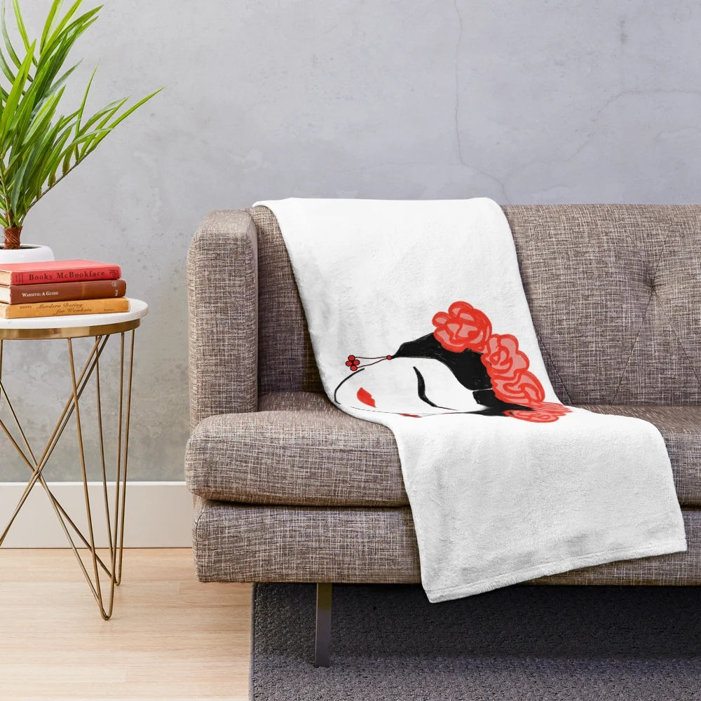 Frida Kahlo inspired plush blanket with line art design