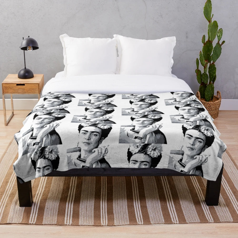 Frida Kahlo inspired plush blanket with black and white design